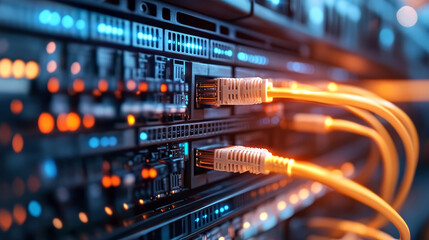 Network cables connecting servers in data center, glowing brightly