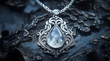 A necklace featuring a teardropshaped moonstone and silver etchings