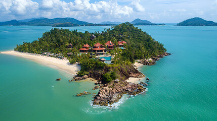 Fototapeta premium Aerial view of a luxury resort on a tropical island with pristine beach, turquoise water, and lush greenery.