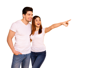 Close up photo beautiful she her he him his pair indicate fingers empty space banner placard sale discount foreign shopping abroad wear casual jeans denim white t-shirts isolated yellow background