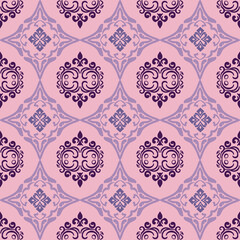 Purple damask seamless pattern illustration in pink background traditional style—like Portuguese tiles. Design for ceramic pottery, sarees, curtains, and clothing.
