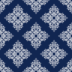 Blue and white classic traditional damask pattern design, seamless pattern, vector illustration. Design for elaborated border, elegant textile design, carpet, curtains, and clothing.