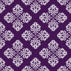 Seamless illustrated damask pattern made of abstract elements in white and purple. Design for ceramic pottery, sarees, motifs, ornaments, and clothing.
