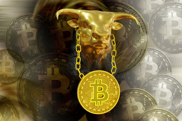 Crypto bitcoin coins with gold bull head and metallic chain