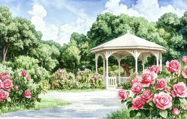 a serene garden scene with a white gazebo surrounded by lush greenery and blooming pink roses. The sky is partly cloudy, adding to the tranquil atmosphere.