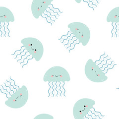 Seamless pattern with cute smiling and sleeping jellyfish. Vector.
