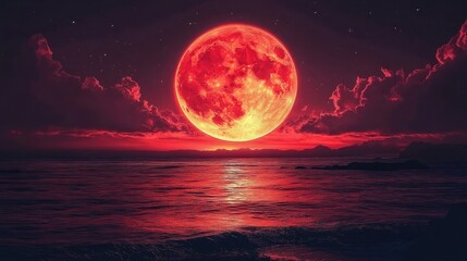 Stunning red moon illuminating the vast expanse of a crimson-tinted ocean under an alien sky