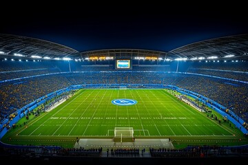 Night stadium, full crowd, football field.