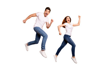 Full length side profile body size photo funky she her he him his pair jumping high hurry shopping...
