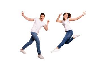 Full length side profile body size photo funky she her he him his pair jumping high yell scream shout fantastic mood show v-sign wear casual jeans denim white t-shirts isolated yellow background