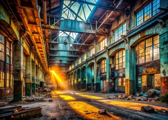 Fototapeta premium Abandoned Industrial Building Interior, Urban Exploration Photography, Decaying Structure, Grunge, Rust