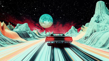 Naklejka premium Retro car speeds along a glowing neon road under a surreal space sky, full moon, bright colors and alien landscapes. Sci-fi, fantasy and futuristic landscape