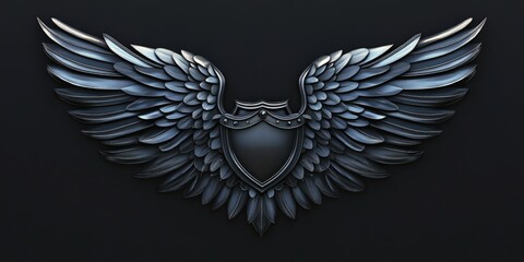 Fototapeta premium Three-Dimensional Black Metal Wings Emblem Isolated on Dark Background - Left Perspective View