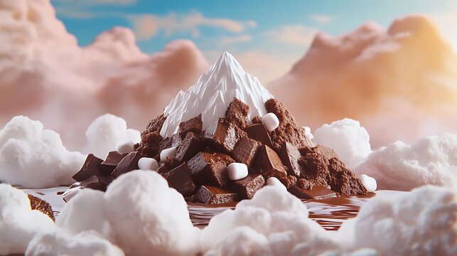 A peaceful mountain of chocolate fudge surrounded by marshmallow clouds