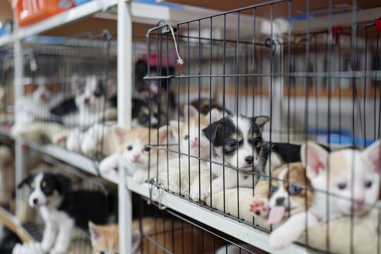 Shelters filled with various kittens and puppies waiting for new homes during a pet adoption event at a community center