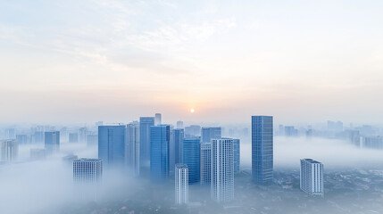 Fototapeta premium Extreme long shot of the cityscape at dawn. The sun, a orange orb, casting a warm glow . The city skyline is obscured by a hazy atmosphere, A misty morning paints a soft, sleeping city,aerial view.