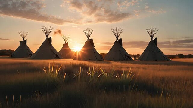 Row of Traditional Teepees in a Golden Field at Sunset with Soft Light and Open Plains in the Background

