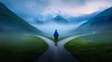 A lone figure stands at a narrow mountain trail that splits into two paths, surrounded by misty hills and dramatic landscapes at dawn.