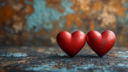 Obraz premium Two Red Hearts on a Surface Happy Valentine Day