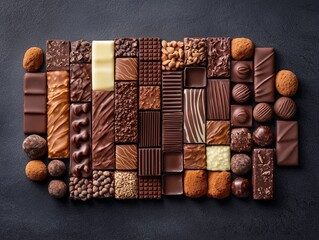 Gourmet Chocolate Bars and Truffles Spread on Dark Background Featuring a Variety of Cocoa Treats Perfect for Indulgence and Celebrations