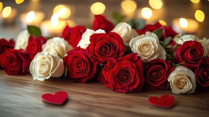 Red and white roses on a wooden table with hearts and blurred candlelight background