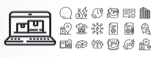 Power, Co2 gas and Web inventory line icons for web app. Glare of light effect. Message icon. Pack of Charging time, Skyscraper buildings, Warning pictogram icons. Vector