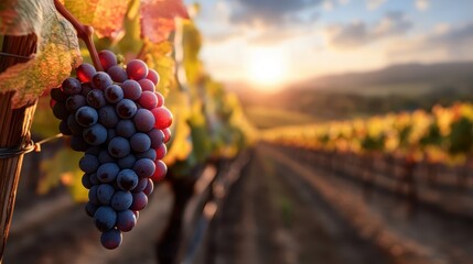 An image showcasing a bunch of purple grapes hanging on the vine, against the backdrop of a...