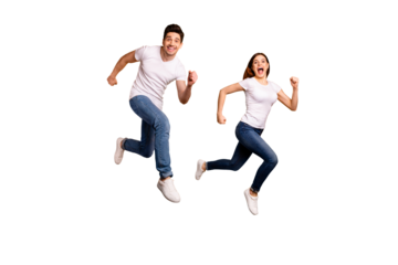 Full length side profile body size photo funky funny she her he him his guy lady jump high hurry shopping black friday low prices wear casual jeans denim white t-shirts isolated yellow background