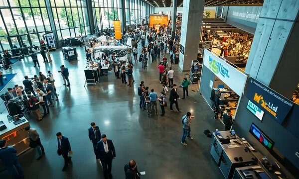 A bustling exhibition space filled with people engaging in technology and innovation displays.