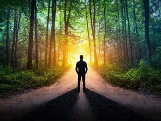 Silhouetted Person Standing at the Edge of a Crossroad Surrounded by Lush Green Forest at Dusk with Golden Light Filtering Through Trees