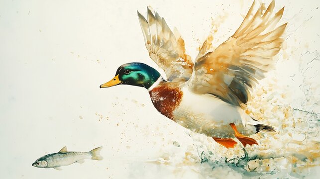 Mallard Duck in Flight, Watercolor Splash Art - Powered by Adobe