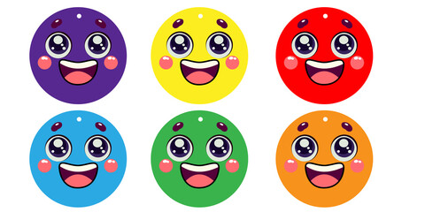 brightly colored circular emojis with large, sparkling eyes and joyful, open-mouthed expressions