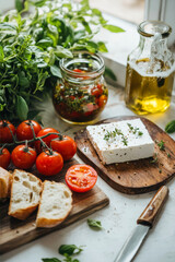 Fresh Feta Cheese With Cherry Tomatoes, Herbs, and Olive Oil on a Rustic Table