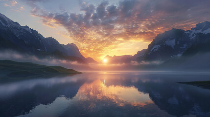 Embracing stillness at a serene mountain lake at sunrise at the end of every title