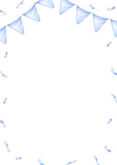 Watercolor garland and pennant border on a pastel blue background. Hand drawn design for baby boy birthdays or festive parties. Falling confetti and bunting create a joyful, celebratory atmosphere