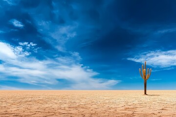 Expansive Desert Scene Featuring a Tall Cactus Against a Bright Blue Sky with Soft Clouds and Cracked Earth in a Barren Landscape