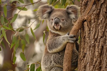 Naklejka premium Koala clings to a eucalyptus tree in a lush habitat, showcasing its distinctive features and calm demeanor among green foliage