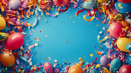 Festive celebration decorations with colorful balloons and confetti on a blue background