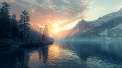 Witnessing nature at a serene mountain lake at sunrise at the end of every title