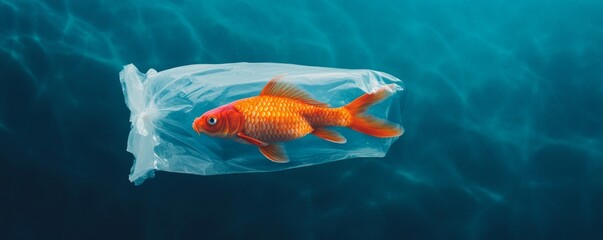Obraz premium Overprotection concept. Goldfish trapped in plastic, floating in blue water.
