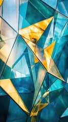 Abstract stained glass design in shades of blue, yellow, and green with glowing geometric patterns.