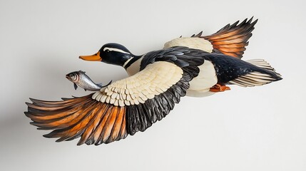Fototapeta premium Hand-Carved Wooden Duck in Flight with Fish