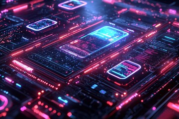 Fototapeta premium Smartphones on neon circuit board with data streams, futuristic tech background for digital communication