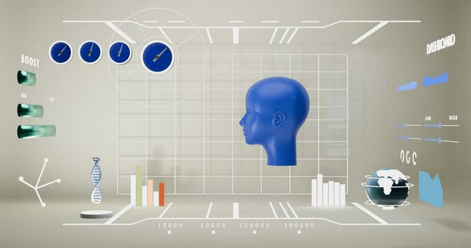 Virtual reality. Futuristic VR head-up display design. Futuristic display with data, speedometer and statistics panel. 3d render video.
