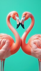 Two pink flamingos forming a heart shape with their necks on a teal background, expressing love and romance for valentines day or animal lovers