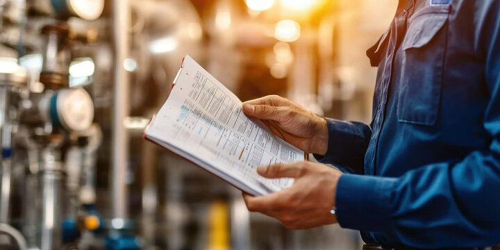 Sustainability and Reporting Standards Concept. Employee assessing water conservation reports in industrial setting