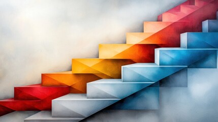 Vibrant, multicolored geometric blocks intricately arranged to form a visually stimulating abstract landscape, with intersecting lines, varying shapes