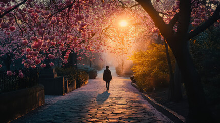 Fototapeta premium An evocative outdoor scene featuring a solitary figure walking along a cobblestone path, framed by cherry blossoms in full bloom, soft pink petals cascading gently in the breeze