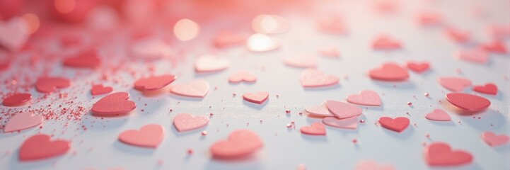Scattered pink heart shapes and sparkling particles on a light background, romantic love concept.