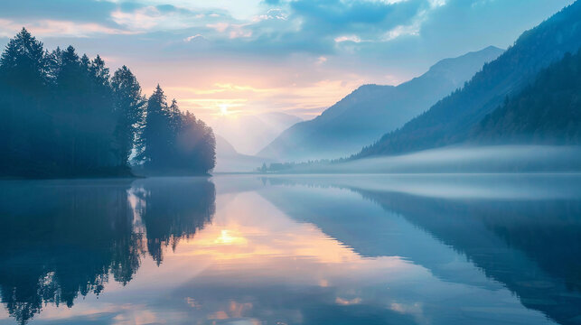 The beauty of a serene mountain lake at sunrise at the end of every title - Powered by Adobe